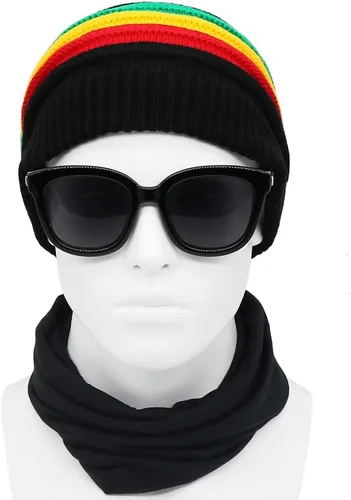 Miniatura 5 de Gorra unisex de Jamaica Reggae Rasta Slinky Beanie Multicolor a rayas Slouchy Baggie Beanie Skullies Gorro Rasta Hat, Negro