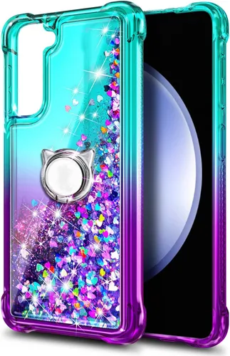 Miniatura 3 de Funda compatible con Samsung Galaxy S24-FE Aqua/Purple Funda líquida flotante con purpurina linda con protector de pantalla de vidrio templado