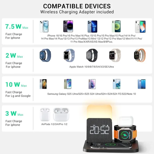 Miniatura 4 de Estación de carga 7 en 1 para iPhone, estación de carga inalámbrica, reloj despertador, luz nocturna, cargador inalámbrico para iPhone 17 16 15 14