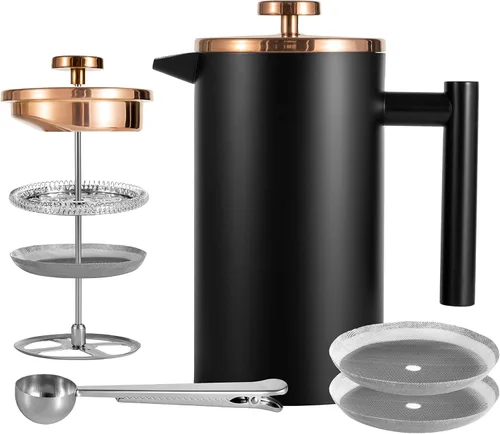 Miniatura 9 de Prensa Francesa Pequeña 350ml Negra, Prensa Francesa de Acero Inoxidable con Pared Doble Aislada para Viaje y Camping, Cafetera de Café Colado