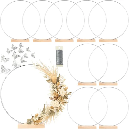 Miniatura 10 de Paquete de 10 aros florales con soporte de madera de 10 pulgadas, anillos de metal para centros de mesa de bricolaje, decoraciones de mesa