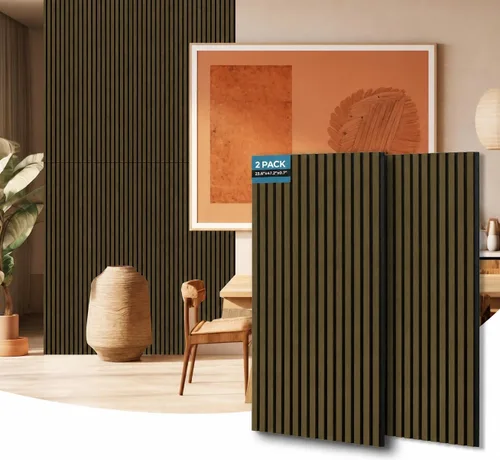 Miniatura 8 de AKUMAX Paquete de 2 paneles acústicos, listones de madera para pared y techo, paneles de espuma acústica de 96 x 24 pulgadas, paneles de pared 3D