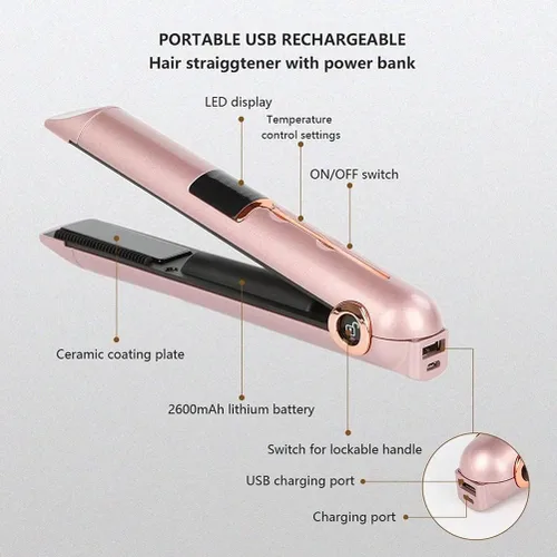 Miniatura 7 de Yinhing Alisador y rizador de pelo 2 en 1, carga USB inalámbrica, 3 temperaturas ajustables 165 185 205 con pantalla LED, para fino, medio corto