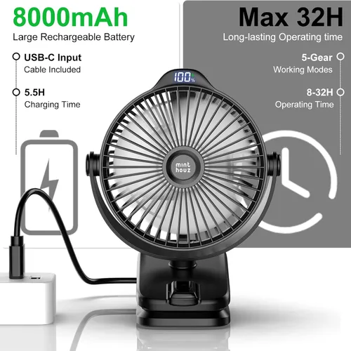 Miniatura 3 de Minthouz Ventilador de clip – Ventilador pequeño recargable USB C de 8000 mAh con indicador de nivel de batería, rotación de 720° de bajo ruido
