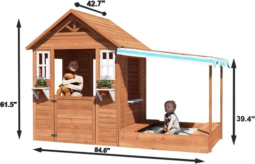 Miniatura 2 de BIRASIL Casa de juegos para niños con arenero, casa de juego de madera para exteriores con fosa de arena para jardín trasero, edades de 3 a 10 años