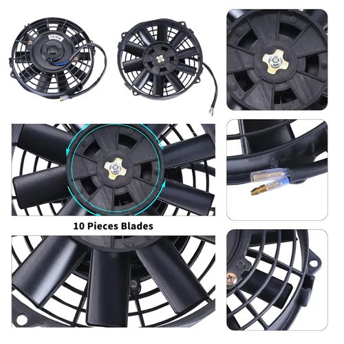 Miniatura 5 de Juego de 2 ventiladores eléctricos universales delgados, tire/empuje, 7 pulgadas, negro, 12V 80W, kit de montaje de alto rendimiento para radiador