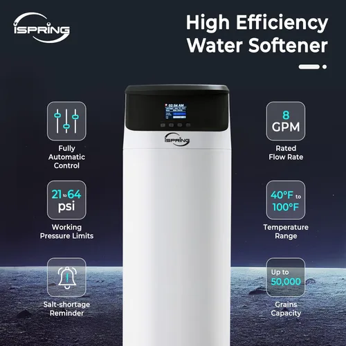 Miniatura 2 de iSpring Sistema de Ablandador de Agua para Toda la Casa, 50,000 Granos de Alta Capacidad Elimina la Dureza con Retrolavado Automático y Alarma