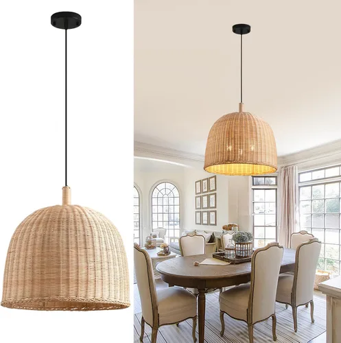 Miniatura 12 de Lámpara Colgante de Ratán de 1 Luz, 13.78" Luz Colgante de Ratán de Bambú Tejida a Mano, Candelabro de Mimbre para Isla de Cocina, Restaurante, Sala