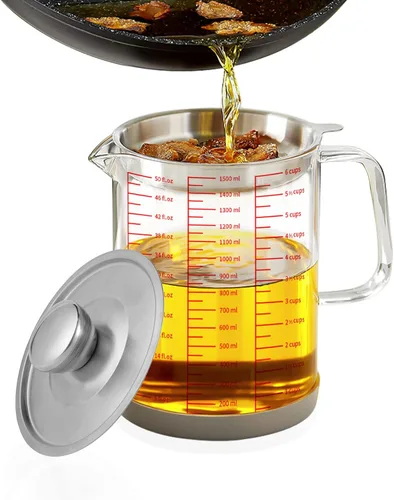 Luvan Contenedor de grasa de tocino de vidrio de 1.5L/50oz con colador, lata de almacenamiento de aceite de cocina con filtro de malla fina, tapa y