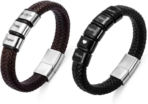 Getname Necklace Pulsera de cuero personalizada para hombre con 1-8 cuentas de nombre personalizadas, pulsera de cuero trenzado con cuentas grabadas