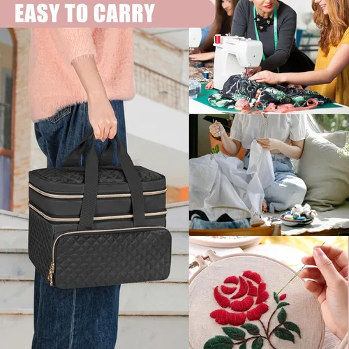 Miniatura 6 de YARWO Organizador de suministros de costura de doble capa con 5 divisores personalizados, bolsa de almacenamiento portátil para accesorios de Negro