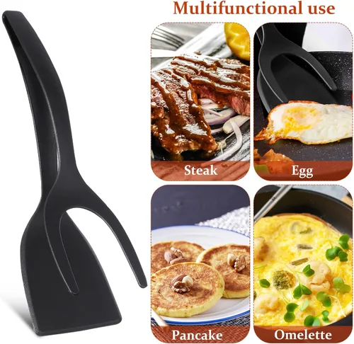 Miniatura 6 de Alipis Espátula de huevo 2 en 1 y pinzas de agarre para cocina en casa, material suave antiarañazos, ideal para tortillas, panqueques, filetes