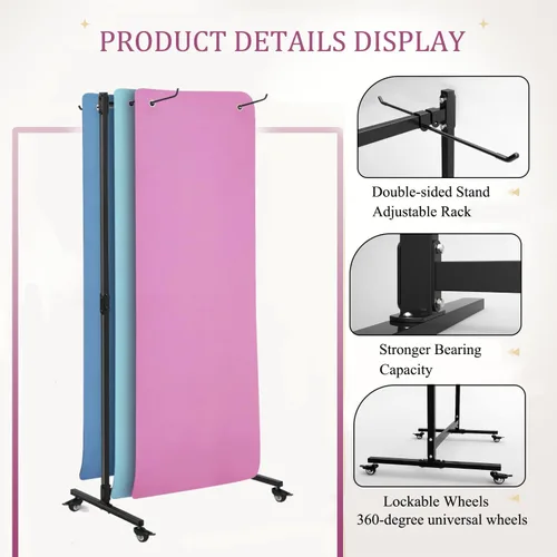 Miniatura 5 de Soporte para colchoneta de yoga colgante, carrito de almacenamiento de metal de doble cara sobre ruedas, estante para pilates de pie para gimnasio