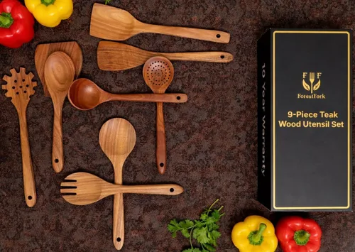 Miniatura 4 de Juego de utensilios de cocina de madera, 9 piezas, cucharas de cocina de madera de teca, resistentes al calor, antiarañazos, herramientas de cocina