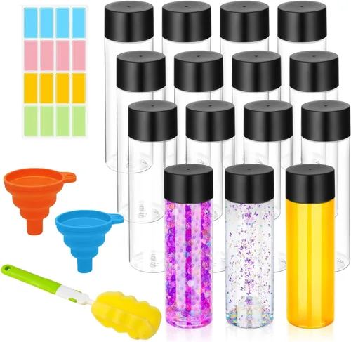 Miniatura 9 de DI QIU REN Paquete de 16 botellas de plástico transparente, botellas sensoriales vacías con tapas, botellas de jugo reutilizables, recipientes