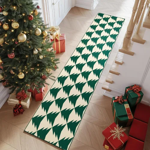 Miniatura 4 de COLLACT Alfombra de pasillo de Navidad de 2 x 10 pies, color verde sobre crema, alfombra de camino de árbol de Navidad, alfombra lavable, alfombra