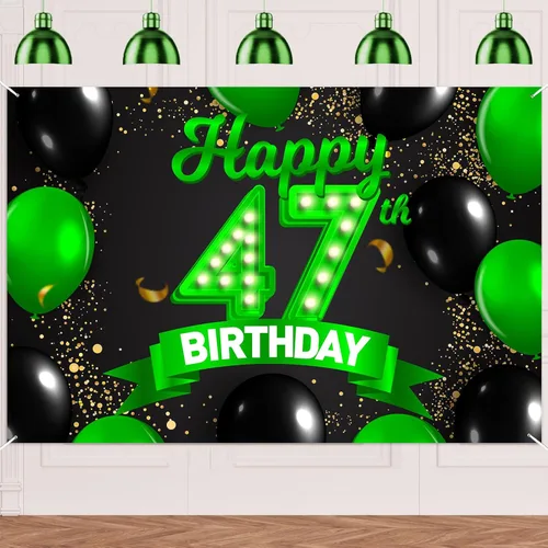 Miniatura 13 de Cartel de feliz cumpleaños 26 verde y negro, telón de fondo con texto en inglés "Cheers to 26 years old confeti", globos de confeti, decoración