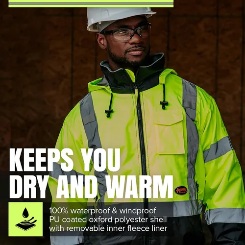 Miniatura 2 de Pioneer Hi Vis Work Jacket for Men - Waterproof Safety Bomber with Reflective Tape- Meets ANSI Class 3 - Winter Rain Jacket with Detachable Hood
