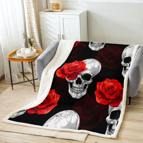 Feelyou Manta de vellón de calavera rosa para sofá, diseño de calavera de felpa roja y floral, manta Sherpa para decoración de habitación, diseño de