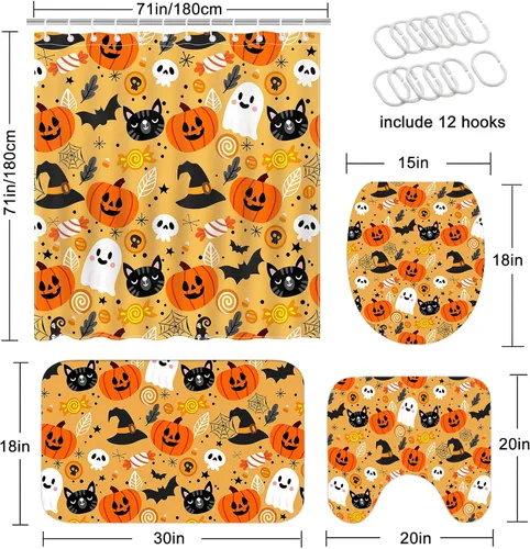 Miniatura 3 de Mocsicka Juego de 4 cortinas de ducha de Halloween para baño, juego de baño de calabaza y fantasma de dibujos animados con alfombras