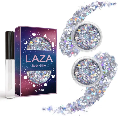 Miniatura 18 de Laza Purpurina corporal, 2 tarros de lentejuelas gruesas holográficas con pegamento de purpurina, perfecto para mujeres, sombra de ojos, maquillaje