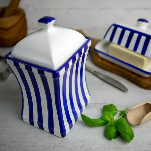 Miniatura 3 de City to Cottage Tarro grande de cerámica hecho a mano con tapa de 31.5 onzas / 30.4 fl oz con rayas azul marino oscuro Recipiente de cerámica
