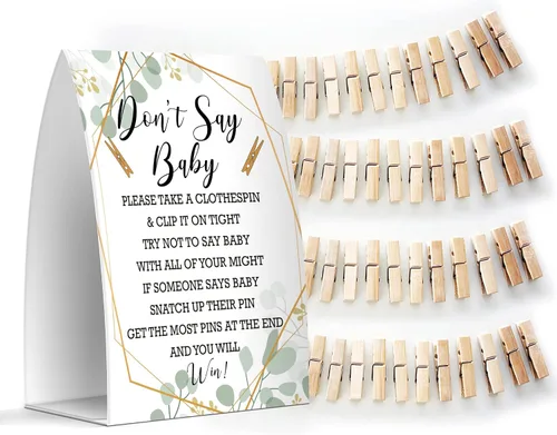 Miniatura 8 de Juego de texto en inglés "Don't Say Baby", un letrero de 5 x 7 pulgadas y 50 mini pinzas para la ropa, juegos de baby shower, decoración de baby