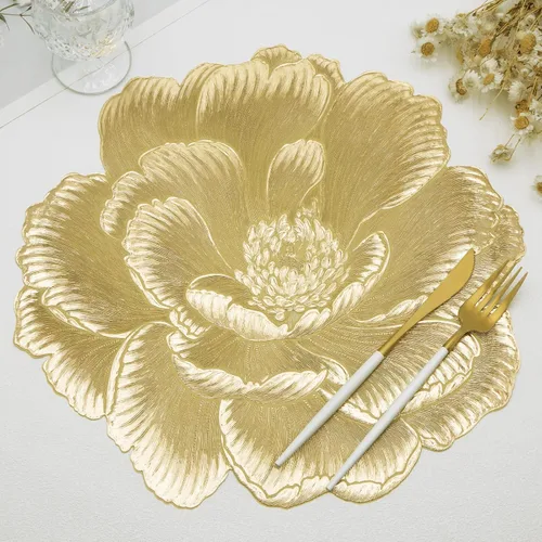 Juego de 6 manteles individuales, manteles individuales florales en relieve, redondos, dorados, de 15 pulgadas, para mesa de comedor, para