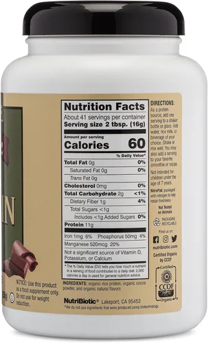 Miniatura 3 de NutriBiotic Chocolate con proteína de arroz orgánico certificado, 22.9 onzas, proteína vegana baja en carbohidratos en polvo, crudo, certificado