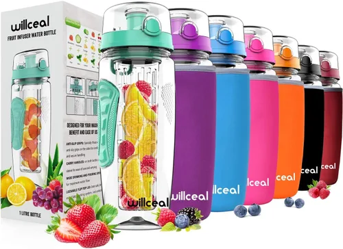 Miniatura 17 de Botella de agua con infusor de frutas de 32 onzas, duradera, grande, sin BPA, Tritan con tapa abatible, diseño a prueba de fugas, deportes, camping