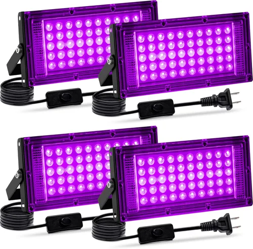 Paquete de 4 Luces Negras de 50W, Luz de Inundación LED Blacklight con Enchufe de EE.UU. e Interruptor, Luces Negras para Fiesta Brillante,