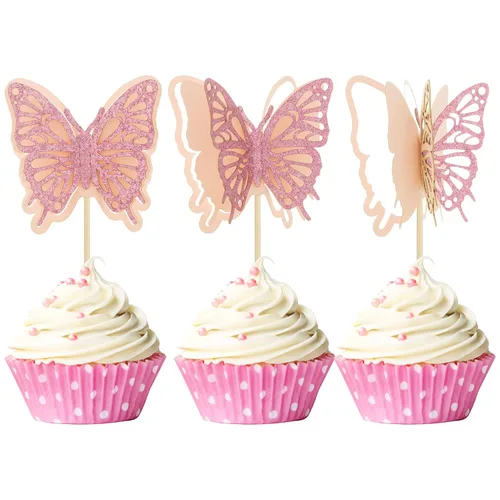 Miniatura 12 de Gyufise Paquete de 24 adornos de mariposa ensamblados con purpurina dorada, decoraciones de mariposa dorada, púas para cupcakes, bodas, 4-dorado