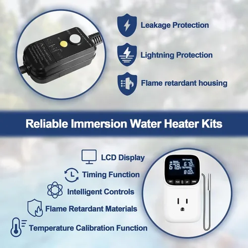 Miniatura 4 de Calentador de agua de inmersión portátil de 1500 W 120 V con termostato ajustable y enchufe GFCI, calentador de piscina sumergible para piscinas
