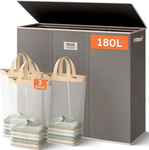 Miniatura 12 de SOLEDI Cesta de ropa sucia de 180L de 3 secciones, cesta de ropa sucia extra grande con tapa, cesta de ropa sucia con asa resistente, organizador