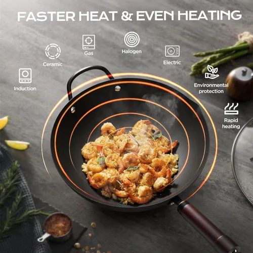 Miniatura 4 de Wok, woks y sartenes de acero al carbono de 13 pulgadas antiadherentes, wok chino de 5.8QT con fondo plano pre-curado con tapa, sartenes de paella