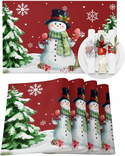Miniatura 13 de Juego de 4 manteles individuales de reno de Navidad para mesa de comedor, alce de Navidad con bufanda, a cuadros de búfalo rojo, verde, duradero
