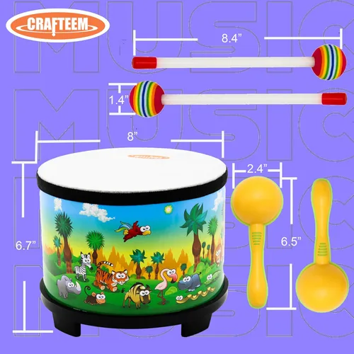 Miniatura 3 de Crafteem Floor Tom Drum para niños, instrumento de percusión de 8 pulgadas, tambor de música con 2 mazos y maracas de color para bebés, niños