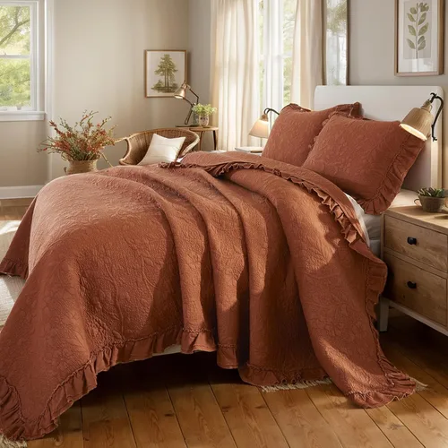 Miniatura 11 de Brandream Juego de Edredón Tamaño Queen de Algodón Beige con Estampado Floral y Enredaderas Matelassé Juego de Colcha con Volantes 3 Piezas