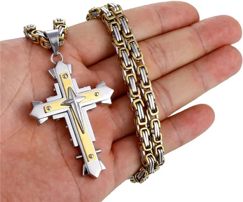 Miniatura 5 de Collar con colgante de cruz de Jesucristo grande de acero inoxidable, joyería religiosa para hombres, cadena de 24 pulgadas, color plataoronegro