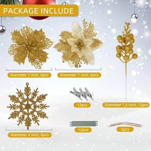 Miniatura 2 de RECUTMS 60 PCS Flores Artificiales de Nochebuena para Decoración del Árbol de Navidad Juego con Clip, 18 Flores de Nochebuena con 12 Tallos de Bayas