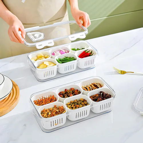 Miniatura 6 de Paquete de 2 bandejas de servicio divididas con tapas, caja apilable para snacks, contenedor para dulces, nueces, especias, frutas y verduras con 6