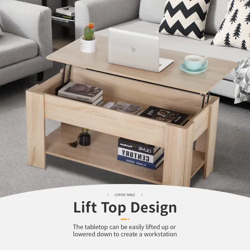 Miniatura 4 de FDW Mesa de Centro Elevable de 39.4 pulgadas con Compartimento Oculto y Estante de Almacenamiento, Tablero de Madera Elevable para Hogar, Sala