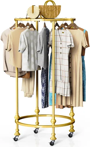Miniatura 8 de Perchero redondo con ruedas, estante de ropa multiusos de doble espacio independiente con ruedas y parte superior, organizador de ropa comercial