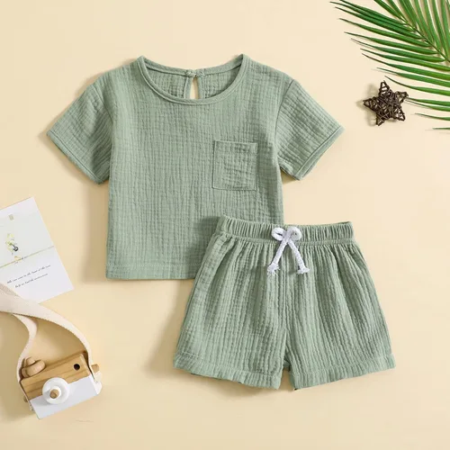Miniatura 2 de Conjunto de 2 piezas de camiseta de algodón y lino de manga corta y pantalones cortos elásticos, 2 piezas, ropa casual de verano