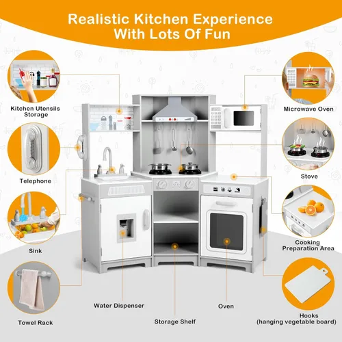 Miniatura 6 de JOYLDIAS Cocina de juego para niños, juego de juguetes de cocina de esquina de madera para niños pequeños, luces y sonidos realistas, horno Blanco