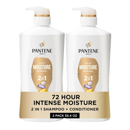 Pantene Champú y acondicionador 2 en 1, renovación diaria de la humedad, nutrientes Pro-V para cabello seco, tratado con color, lacio a rizado,