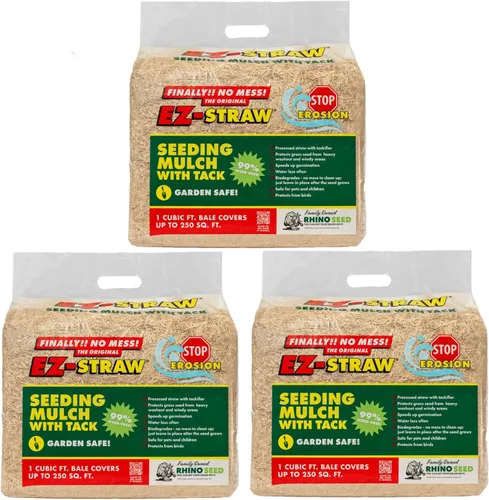 Rhino Seed EZ Straw - Paca de paja procesada prémium de 1 pie cúbico con adhesivo y 250 pies cuadrados de cobertura (paquete de 3)