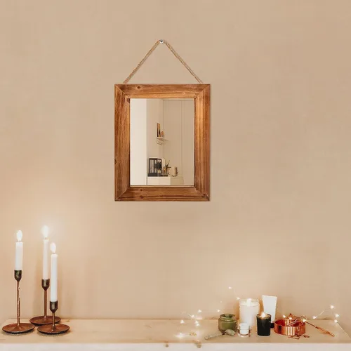 Miniatura 6 de OKSQW Espejo de pared de granja, espejo rectangular de madera rústica marrón, marco de madera decorativa de 16 x 12 pulgadas, con espejo y cuerda