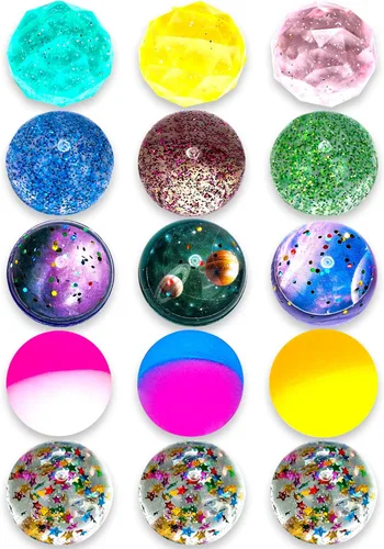 Pllieay 15 piezas de bolas rebotadoras para niños con bolsa de almacenamiento, 5 estilos de bolas rebotadoras de 32 mm al por mayor para niños,