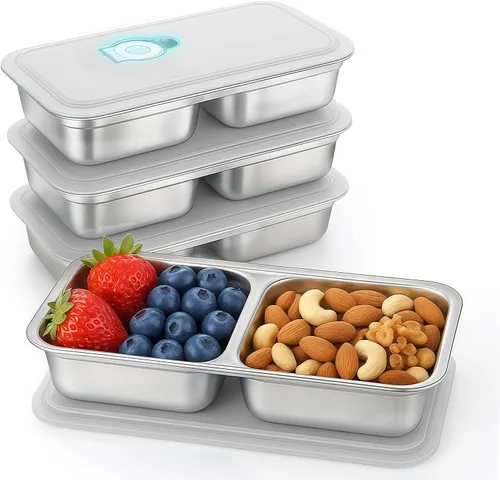 4 Piezas Recipientes de Bocadillos de Acero Inoxidable 304, 30 onzas, 2 compartimentos, cajas Bento portátiles para almacenamiento de alimentos con